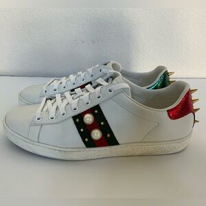 Gucci White Sneakers with Red and Green Stripes Gold Spikes 40